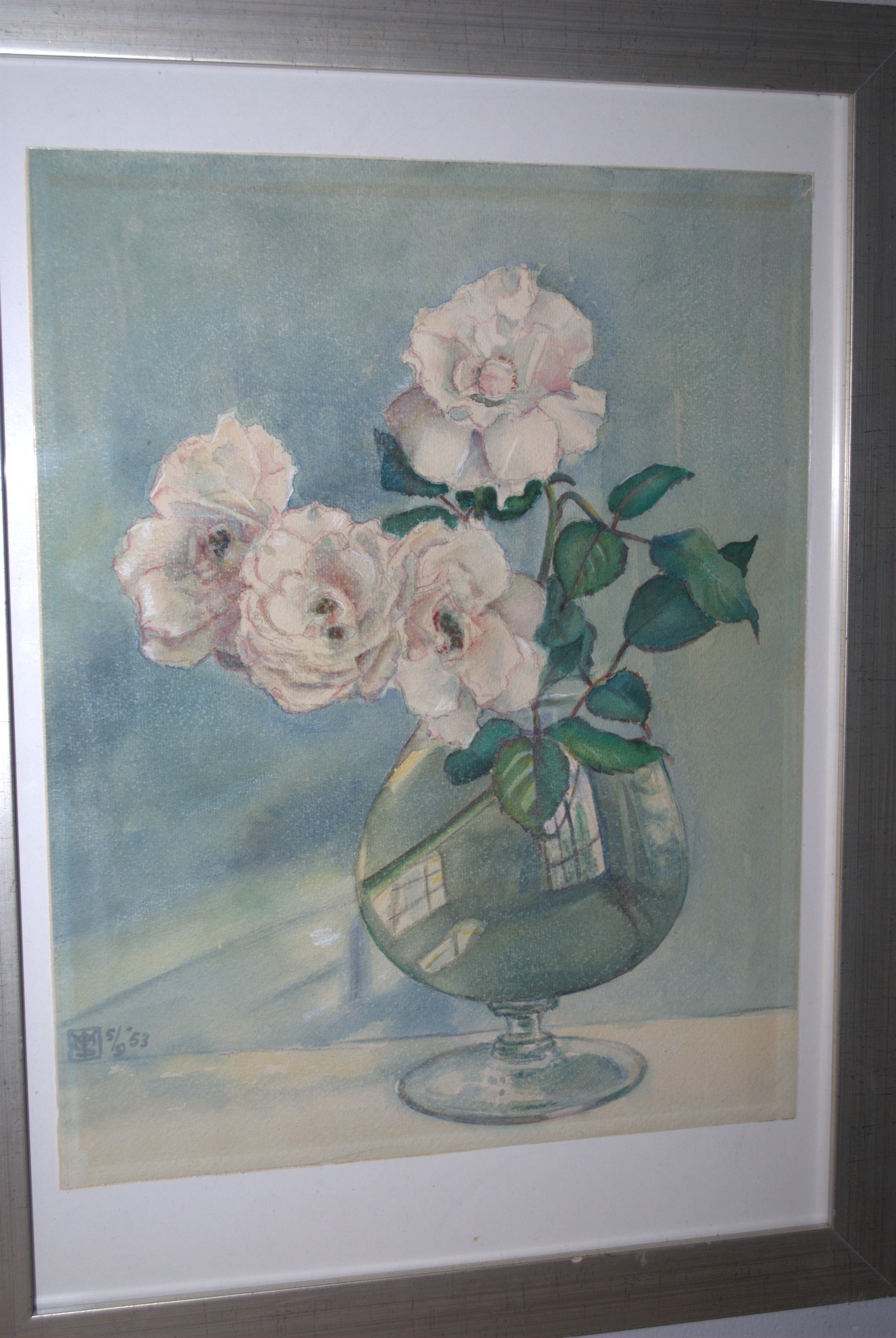 Niet of onleesbaar gesigneerd - rozen in een glas - aquarel 1953, met monogram kopen? Bied vanaf 1!