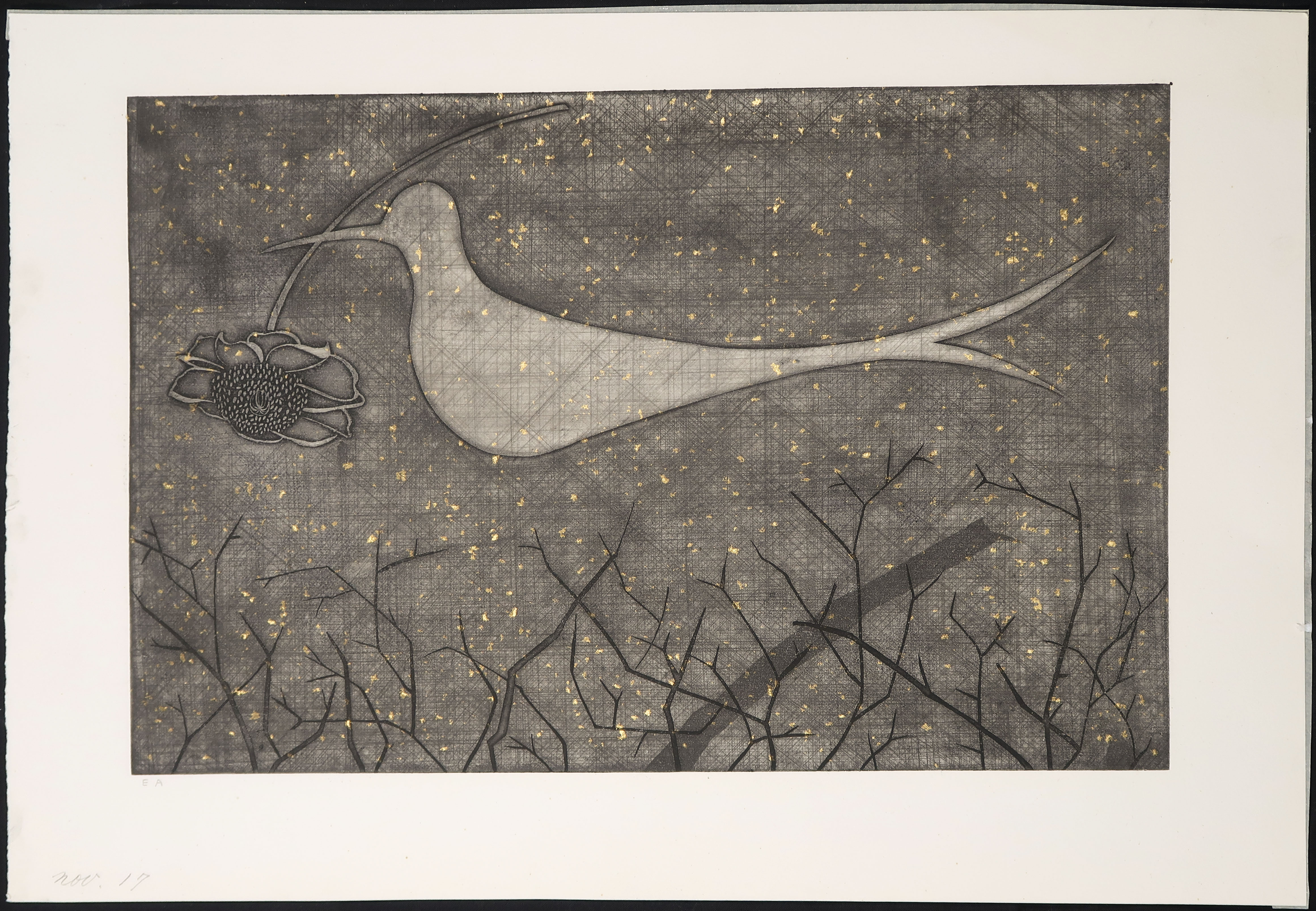 Niet of onleesbaar gesigneerd - Litho, Vogel met bloem en gouden details kopen? Bied vanaf 1!
