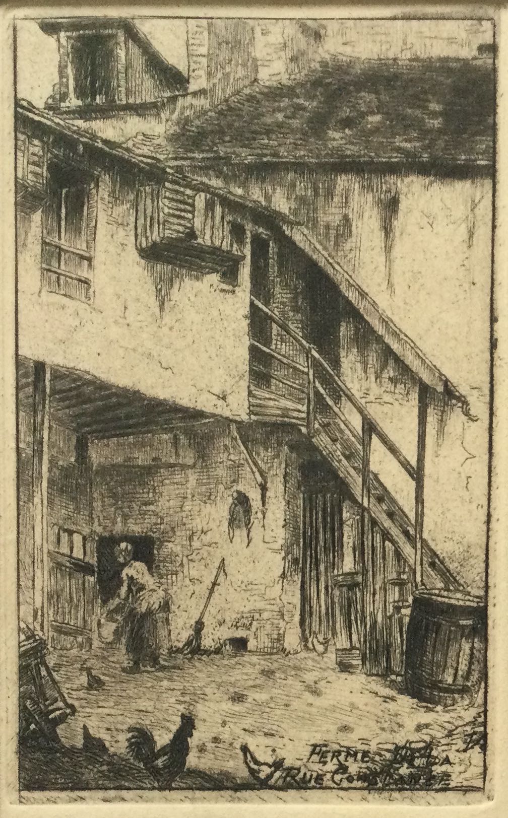 Eugene Delatre - Ferme de la rue Constance | mooie ets in fraaie lijst (GRATIS VERZENDING) verkocht voor € 50!