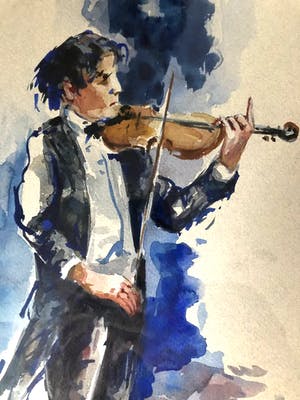 Henk Fonville - Violist - Aquarel, Ingelijst kopen? Bied vanaf 90!