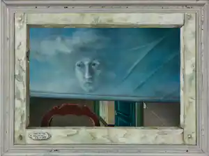 Hans Peter Nagtegaal - Olieverf op doek, Rolgordijn (Trompe-l'oeil) - Ingelijst verkocht voor € 120!