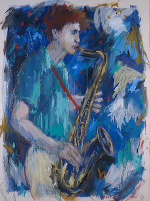 Annemarie de Groot - Acryl op papier, Saxofoon speler - Ingelijst (Groot) kopen? Bied vanaf 80!