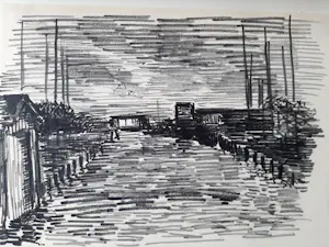 Hugo Liebe - Krijttekening, Haventje te Rijpwetering bij avond. kopen? Bied vanaf 20!