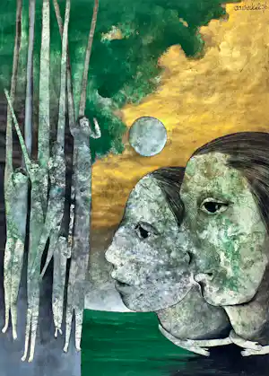 Ans Wortel - Groen goud, gouache (groot) verkocht voor € 520!