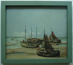 Niet of onleesbaar gesigneerd - Ingelijst, Olieverf op paneel , Vissersboten op het strand - 1888 kopen? Bied vanaf 1!