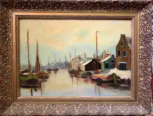 Adrianus Kuijpers - Wintergezicht in een Hollands havenstadje verkocht voor € 195!