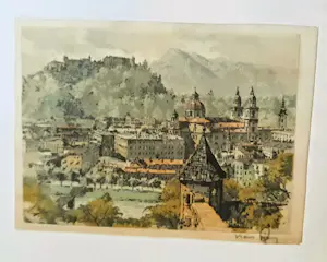 Hans Figura - Farbradierung auf Seide "Salzburg" im Rahmen (27 x 30 cm) sehr guter Zustand kopen? Bied vanaf 70!