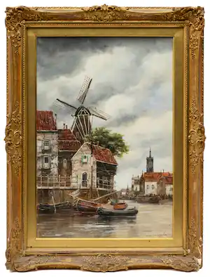 Hermanus Koekkoek (jr.) - Stadsgezicht nabij een haven verkocht voor € 1145!