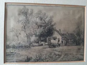 Piet Schipperus - Ets, Boerderij met paart en wagen. kopen? Bied vanaf 25!