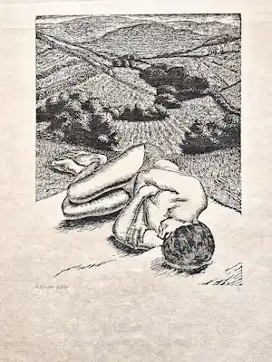 Herman Gordijn - Houtsnede op Japans - Liggend naakt in Frans landschap - zeer kleine oplage verkocht voor € 85!