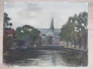 Cornelia C. J. van Trigt-Hoevenaar - Gezicht op Sint Bavo Haarlem - Olieverf op doek verkocht voor € 55!