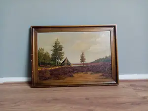 Niet of onleesbaar gesigneerd - Mooi olieverf schilderij van een landschap met een hutje op de hei kopen? Bied vanaf 1!