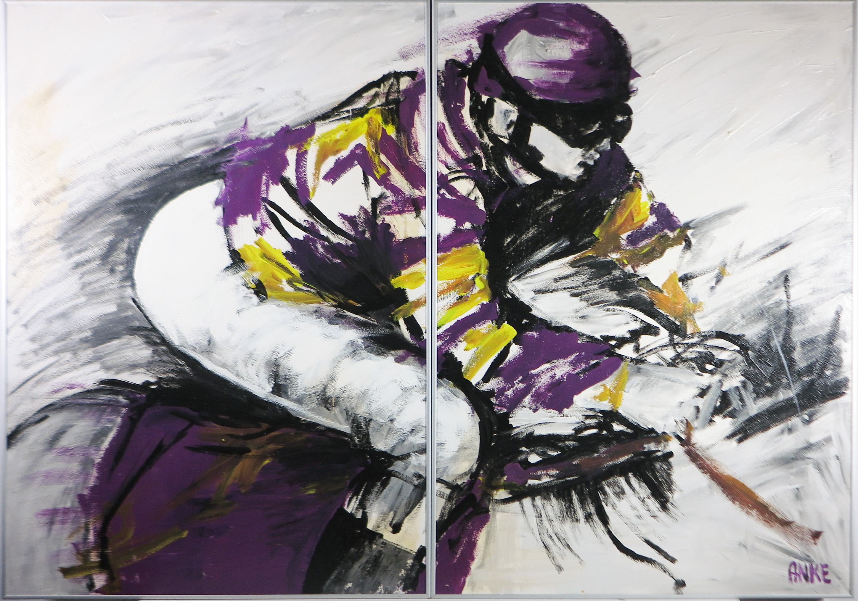 Anke Peddemors - Acryl op paneel, Tweeluik, Jockey rijder - Ingelijst kopen? Bied vanaf 50!