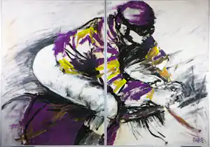Anke Peddemors - Acryl op paneel, Tweeluik, Jockey rijder - Ingelijst kopen? Bied vanaf 50!