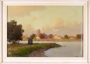Jan Simon Knikker (jr.) - Olieverf op doek, De waal bij Tiel - Ingelijst verkocht voor € 150!
