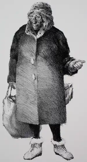 Peter Vos - Litho: Oude vrouw met boodschappen tas verkocht voor € 75!