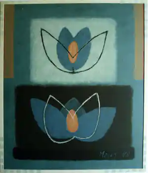 Mieke Mens - Gemengde techniek op board , 2 Bloemen – Lijst, 75 x 64 cm verkocht voor € 50!
