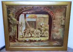 Jacques van Mourik - Binnenplaats met paarden - groot olieverfschilderij verkocht voor € 295!