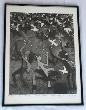 Harry van Kruiningen - Ingelijste ets & aquatint , Kinderen voeren vogels – winter 1979 kopen? Bied vanaf 1!