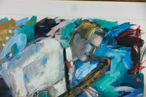 Annemarie de Groot - Acryl op papier, Saxofoon speler - Ingelijst kopen? Bied vanaf 60!