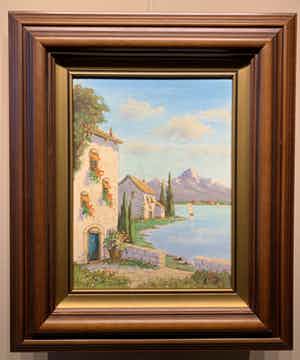 Albert Torringa - Zuid Europees landschap met bergen en meer. verkocht voor € 40!