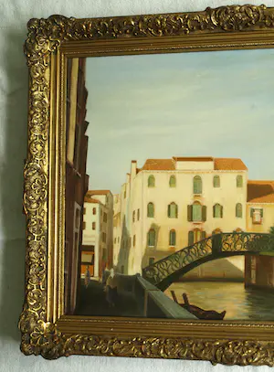 Niet of onleesbaar gesigneerd - Ingelijst, olieverf op doek , Stadsgezicht Italië (?) kopen? Bied vanaf 1!