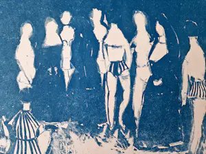 Wim Motz - Jaren 60 - bijzondere blauwe unica linosnede - Nonnen en badgasten - gesigneerd kopen? Bied vanaf 39!