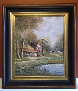 Niet of onleesbaar gesigneerd - Landschap: Dorpje aan het water - Handgesigneerd - 20e eeuw kopen? Bied vanaf 1!