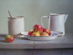 Hans Habraken - Stilleven Oude kan potje en schaal appels kopen? Bied vanaf 695!
