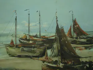 Niet of onleesbaar gesigneerd - Ingelijst, Olieverf op paneel , Vissersboten op het strand - 1888 kopen? Bied vanaf 1!