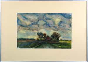 Henk Rijzinga - Aquarel, Gronings landschap - Ingelijst verkocht voor € 50!