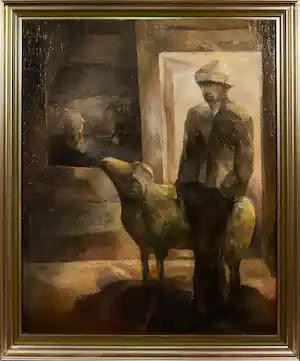 Andrzej Wawrzyniak - Olieverf op doek, Op de boerderij - Ingelijst (Groot) verkocht voor € 160!