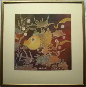 Wiji Hartono Kabul - Batik op zijde , Vissen – Ingelijst, 72 x 71 cm verkocht voor € 100!