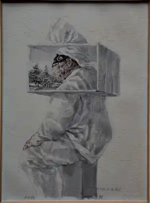 Peter Vos - Ingelijste gemengde techniek: de man in de kist - 1983 verkocht voor € 350!