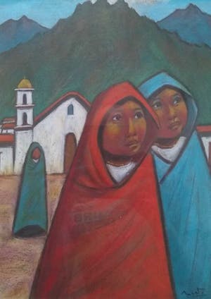 Niet of onleesbaar gesigneerd - Mexicaanse school - Vrouwen bij een kerk kopen? Bied vanaf 10!