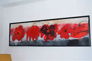 Antonio Poioumen - Rode bloemen, gemengde techniek, acryl - fraai ingelijst, groot verkocht voor € 350!