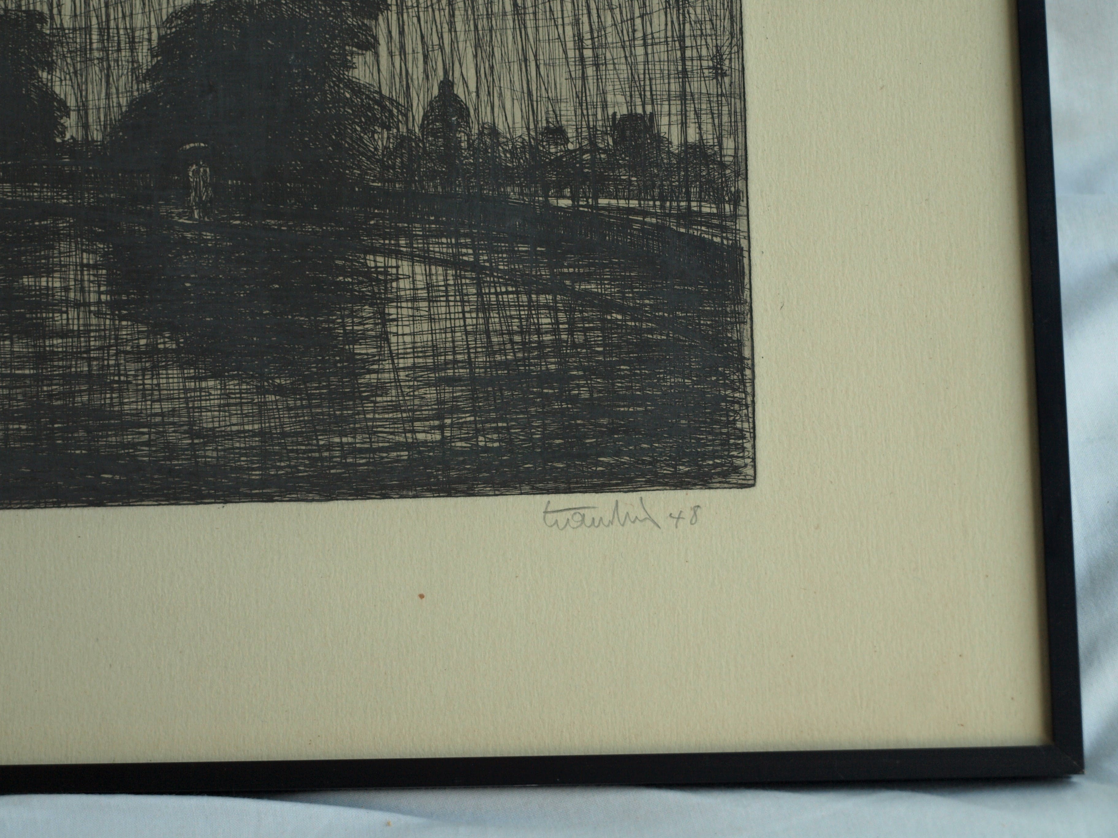 Niet of onleesbaar gesigneerd - Gesigneerde ets – Landschap in de regen – ingelijst – 1948 kopen? Bied vanaf 1!