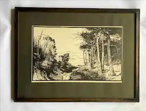 Piet Rackwitsz - linodruk - gesigneerd - duin landschap - ingelijst verkocht voor € 40!