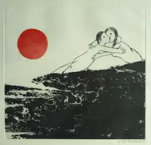 Ans Wortel - Ingelijste kleurenets , “goeie morgen lieve Heertje...” verkocht voor € 100!