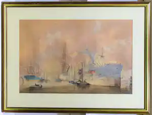 Marius de Jongere - Aquarel, "Zicht op Rotterdamse haven". verkocht voor € 170!