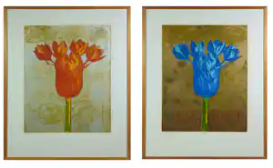 Eliza Kopec - Set van twee mooie kleurenetsen, A blue & red barbarian in a garden - Ingelijst verkocht voor € 80!