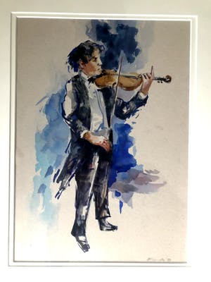 Henk Fonville - Violist - Aquarel, Ingelijst kopen? Bied vanaf 90!