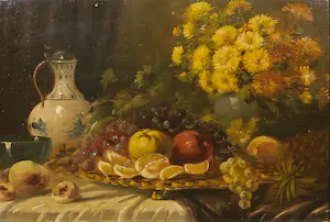Niet of onleesbaar gesigneerd - Olieverf op paneel, Stilleven met fruit en bloemen - Ingelijst kopen? Bied vanaf 1!