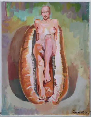 Peter Klashorst - Acryl en print op doek, Naakt op een hotdog kopen? Bied vanaf 200!