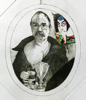 Nicolaas Wijnberg - Zelfportret met Japanse kabuki-figuur, handgekleurde ets (zeer kleine oplage) verkocht voor € 95!