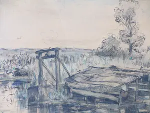 Louis Stutterheim - Boothuis in waterlandschap - Gemengde techniek kopen? Bied vanaf 1!