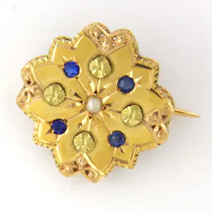 18k gouden broche bezet met saffier en parel - 2.7 gram kopen? Bied vanaf 290!