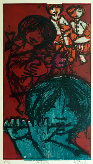 Rob Cox - Ingelijste houtsnede , Aubade – 1964 verkocht voor € 40!