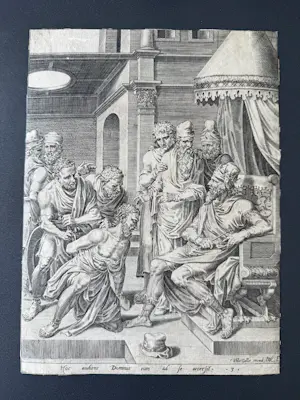 Maarten van Heemskerck - Der Diener wird vor den König gebracht. Philips Galle 1560 kopen? Bied vanaf 145!
