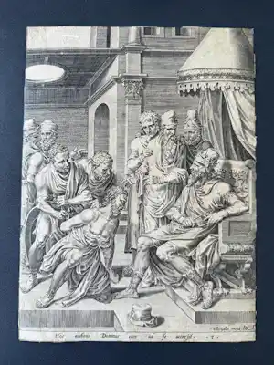 Maarten van Heemskerck - Der Diener wird vor den König gebracht. Philips Galle 1560 kopen? Bied vanaf 145!